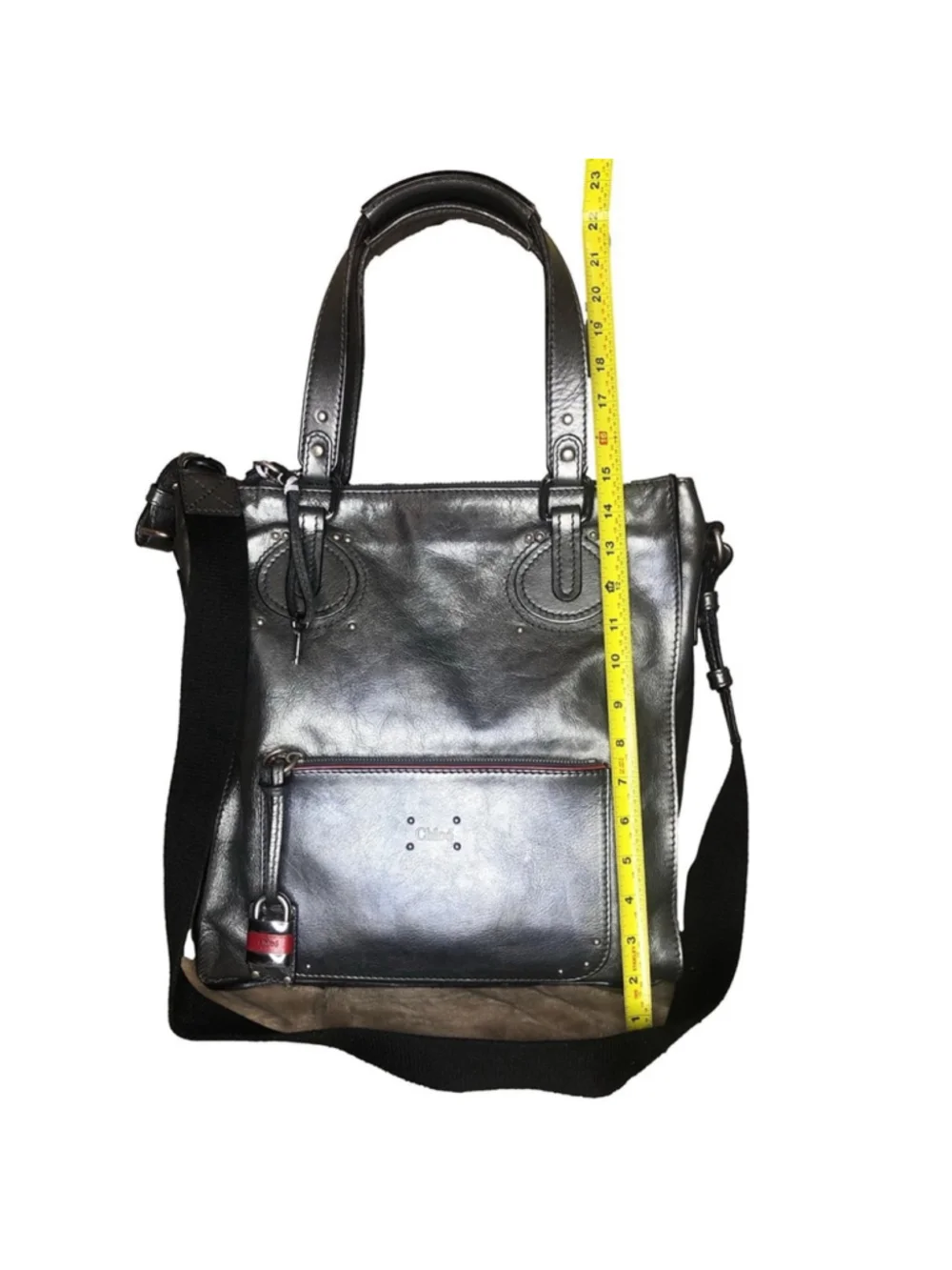 MR CHLOE Paddington Bag Silver Leather Tote Padlock Key Crossbody Shoulder Strap